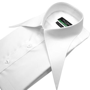 May include: White dress shirt with a pointed collar and a label that reads "John Clothes London Green Label 100% Cotton"