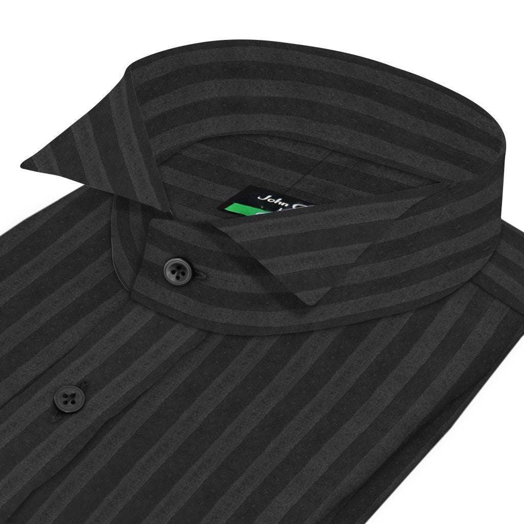 Men's Black Striped Tuxedo Shirt, Wing Tip Collar, Custom Made Men's Black Striped Tuxedo Shirt, Wing Tip Collar, Custom Made