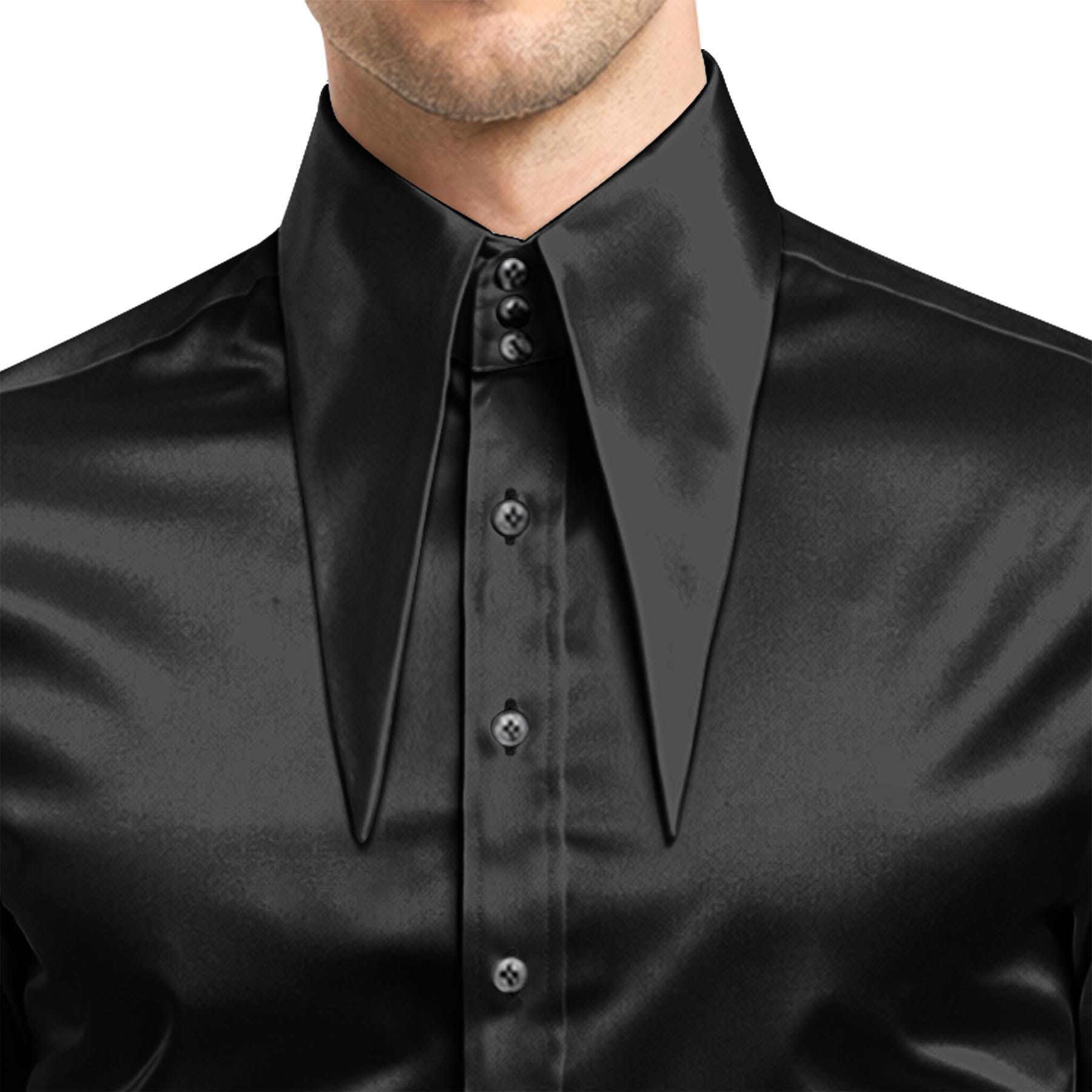 70s Silk ブラック シャツ Long Pointed Black Birthday Silk Shirt Men's Luxury Glossy 60s 70s