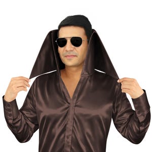 High Face Cover Collar Men's Satin Shirt Choco Brown Avant Garde Stage Costume Red Carpet Awards Hidden Button Glossy Top