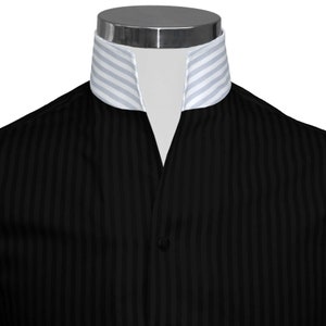 Open Buttonless Collar Black Birthday Dress Shirt Men's High Open V Collar Standing Stripes Karl Lagerfeld Style Pure Cotton Tall Neck Shirt
