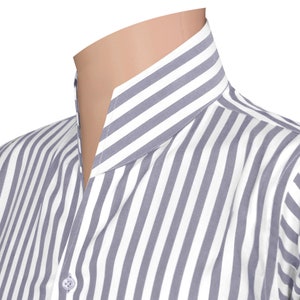 Karl Lagerfeld Style High Open V Collar Grey White Stripes High Open Buttonless Custom Made Party Dress Men's 100% Cotton Tall Neck Shirt