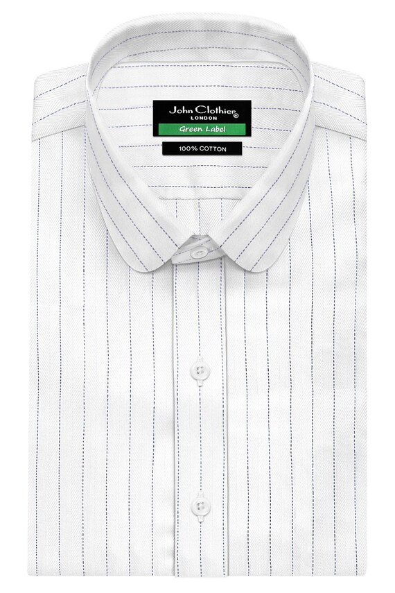 Men's White Chalk Stripe Shirt, Penny Collar, Egyptian Cotton