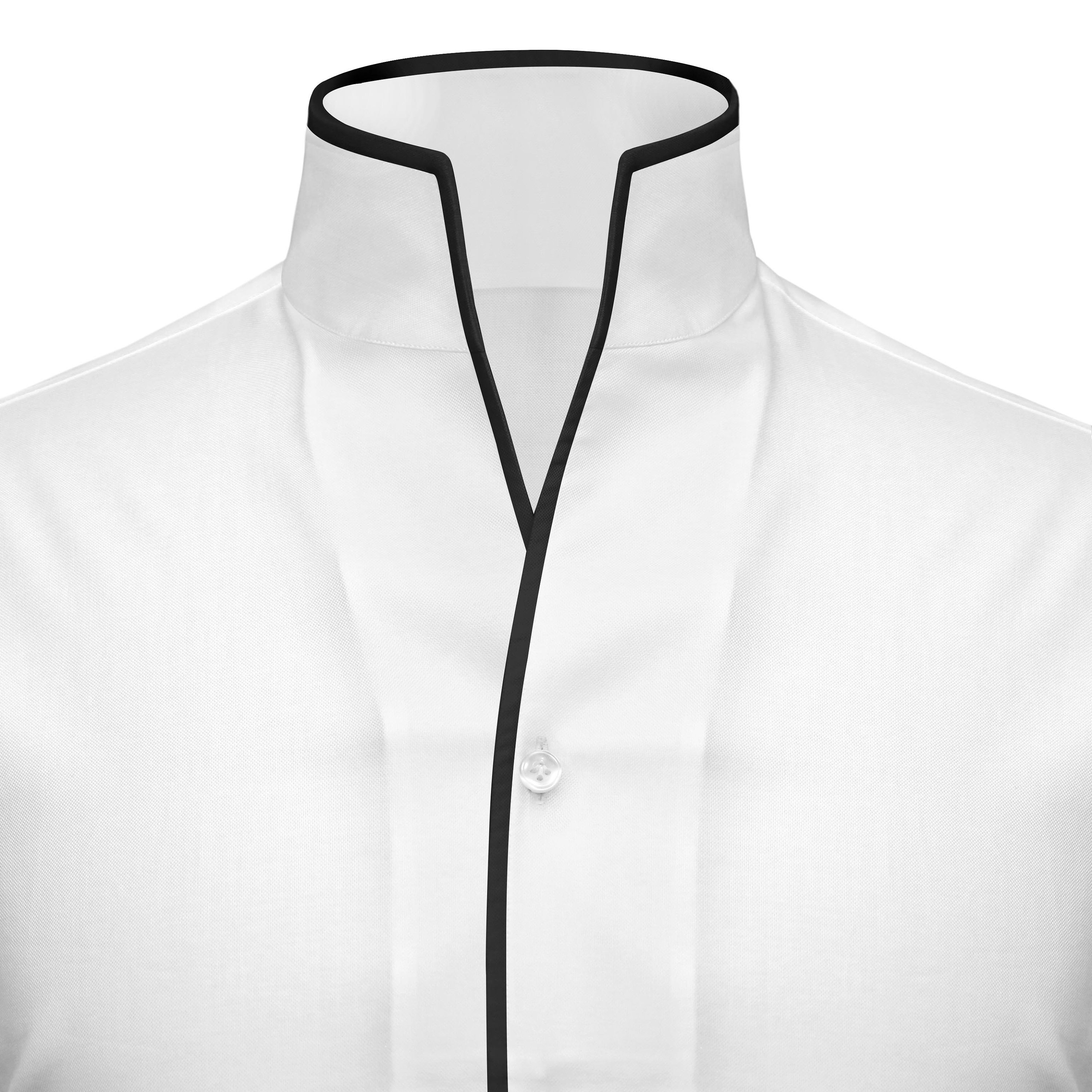 Men's White Open V Collar Shirt, Black Piping, Giza Cotton Men's White Open V Collar Shirt, Black Piping, Giza Cotton