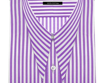 Handmade Striped Spear Point Collar Shirt, Purple & White Cotton