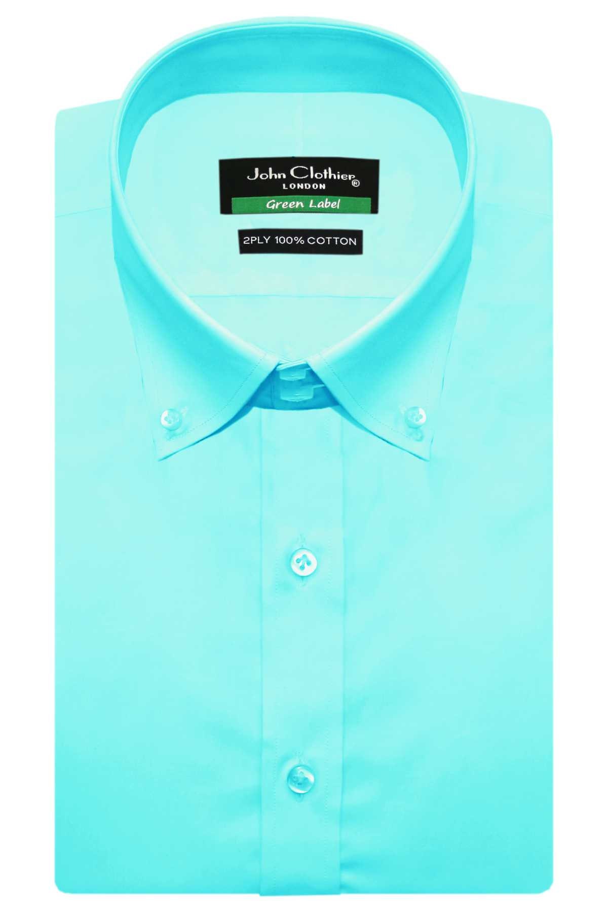 Sea Blue Cotton Button Down Shirt, 2'' High Collar Sea Blue Cotton Button Down Shirt, 2'' High Collar