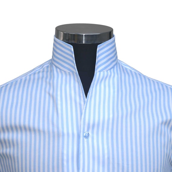 High V Neck Buttonless Collar Men's Shirt Light Blue Stripes High Open Collar Stylish Groom's Wedding Wear Outfit Father's Day Gift