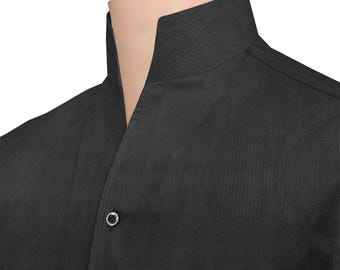 Open Buttonless High Collar Jet Black Birthday Dress Shirt Mens