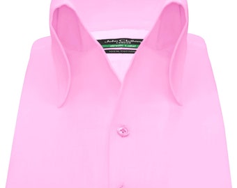 High Open Button down Collar Pink Buttonless Ribbon Collar Dress Shirt Men Cotton Fashion Foward Party Outfit Karl Lagerfeld Celebrity Style