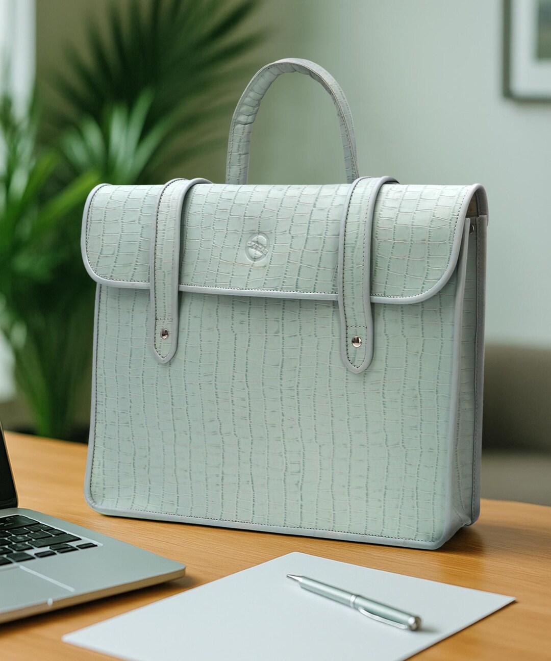 Pale Blue Crocodile Embossed Leather Music Satchel – Minimalist