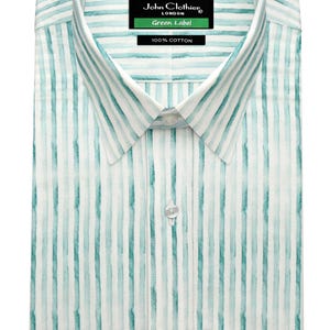 May include: A white dress shirt with green watercolour stripes. The shirt has a button-down collar and a label that reads "John Clothier London Green Label 100% Cotton."