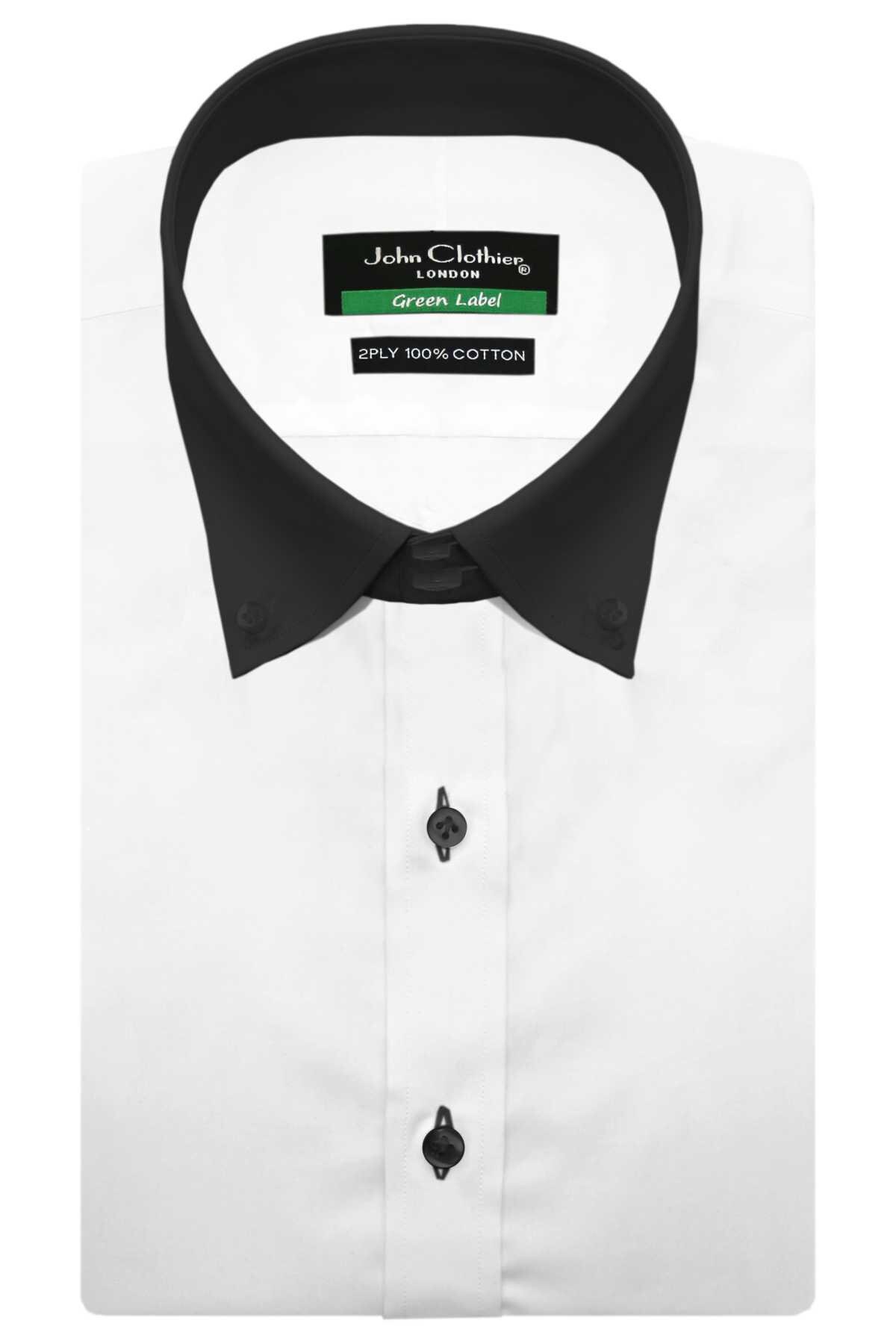 White Giza Cotton Dress Shirt with Black Buttons, Oxford Polo Collar