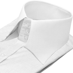 May include: A white dress shirt with a button-down collar. The collar is tall and has a pointed tip. The shirt is made of a textured fabric.