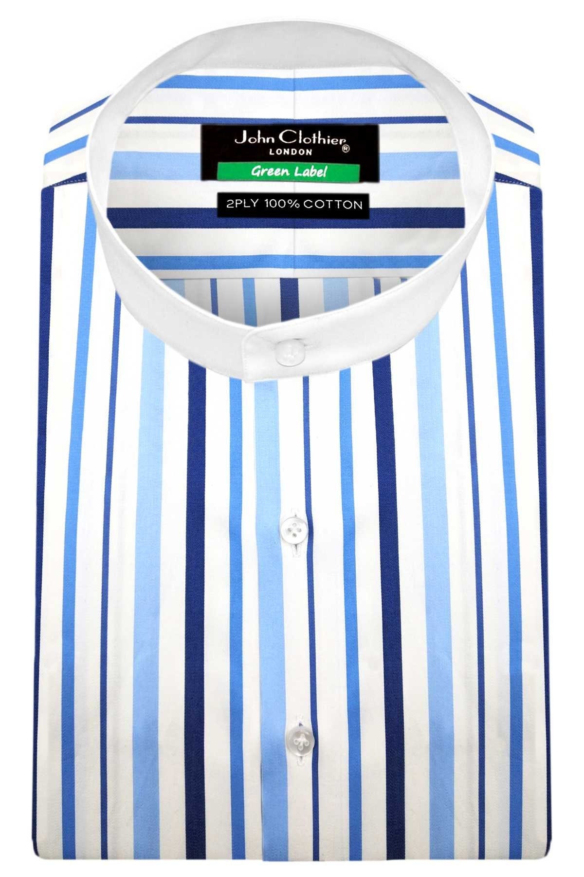 トップス YOKE STRIPED BAND COLLAR SHIRTS 2 Blue & White Striped Band Collar Shirt, 100% Cotton - Etsy