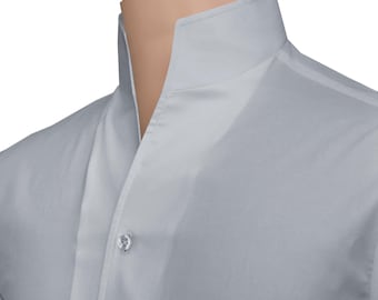 Men's Grey 100% Cotton High Open Collar Shirt Buttonless V Stiff Neck Long Sleeves Fashion Shirt