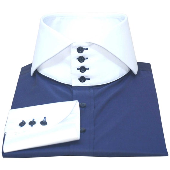 extreme spread collar dress shirts WILLIAM TEDDINGTON Blue Check Extreme Spread Collar DRESS Shirt Men's Size  Large