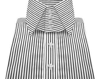Camisa de hombre de cuello alto a rayas blancas y negras, estilo Windsor, con cuatro botones, diseño retro y elegante para fiestas y eventos formales.