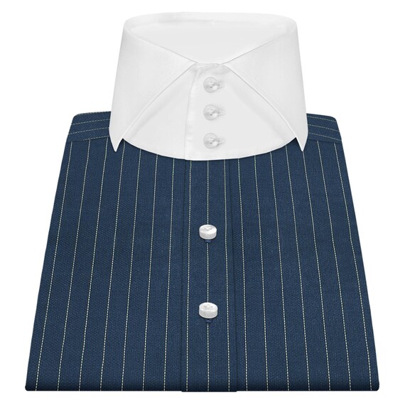 Men's High Cutaway Italian Collar Shirt Navy Blue Chalk Stripes