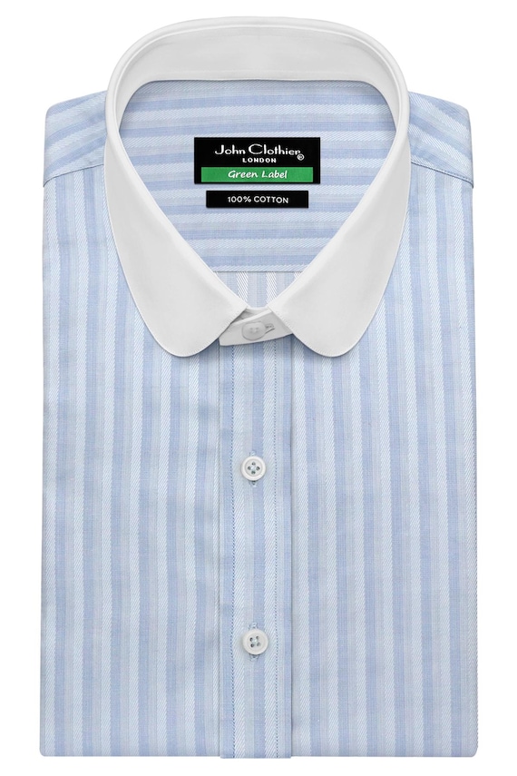 mens light blue dress shirt with white collar Royal blue bengal stripes french cuff 100% cotton button down Shirt with contrast collar at Hockerty