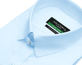 Skyfall&#39;s Style Snap Tab Collar Shirt Light / Sky Blue 100% Cotton Full Sleeves Made To Measure Dress Shirt Men&#39;s
