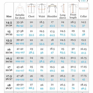 May include: A chart showing men's shirt sizes in inches and centimeters. The chart includes measurements for chest, waist, shoulder, sleeve length, front length, and collar. The chart is titled "Men's shirt size chart" and "Tailored / Modern fit".