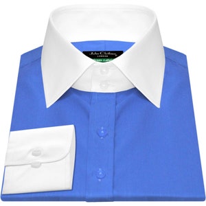 High Spread Collar Royal Blue Formal Dress Shirt Men&#39;s Pure Cotton Long Sleeves Vintage Collar English Large Collar, Windsor Collar Shirt