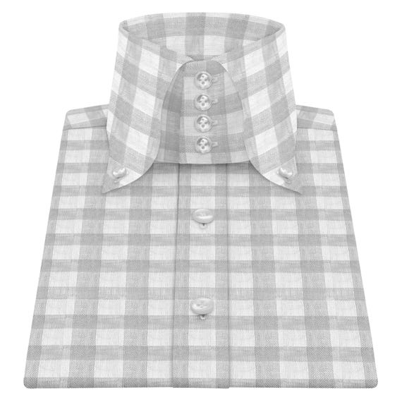 High Button Down Collar Men's Work Formal Dress Shirt Long Sleeves Light Grey Checks Pointed Oxford Kent Collar Shirt Pure Cotton