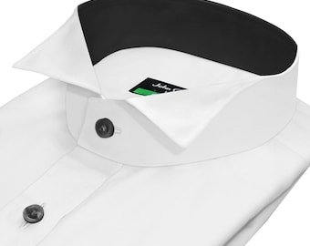 Camisa social masculina branca com colarinho wingtip, feita sob medida em algodão.