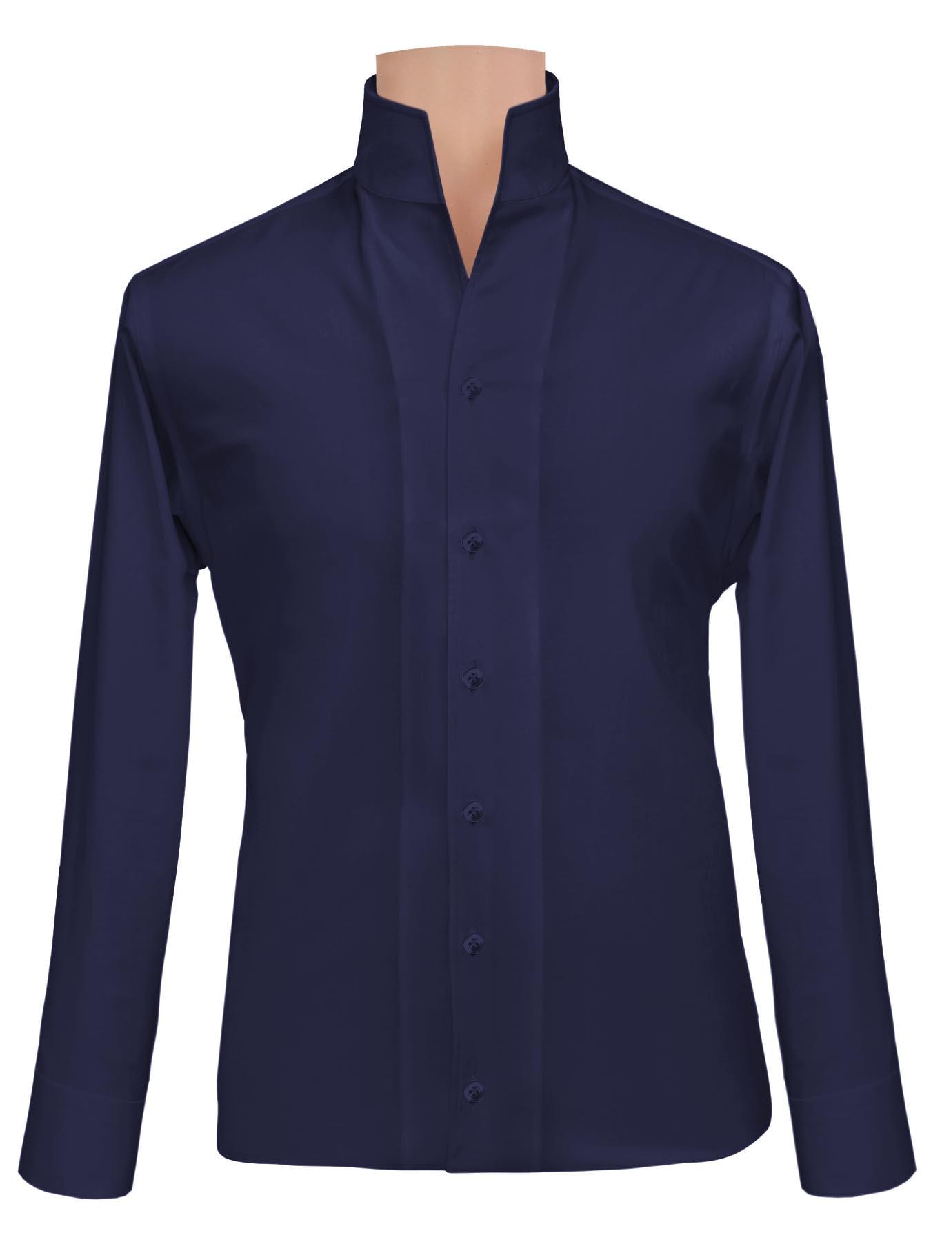 High Open V Collar Tall Neck Shirt Navy Blue Cotton Dress Men