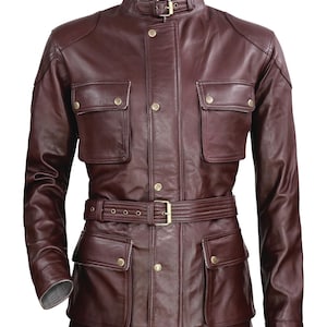 Handmade Maroon Sheepskin Leather Jacket Vintage Belted Motorcycle Army Field Jacket