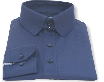 Loop Collar Shirt Navy Blue Plain Tab Collar Dress Shirt Men&#39;s 100% Cotton Long Sleeves Custom made Office Formal shirt