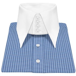 Men&#39;s 100% Cotton Size 17.5&#39;&#39; Modern Tailored Fit Last Piece Markdown Christmas Sale Blue Checks High Long Point 4 Buttons Collar Shirt