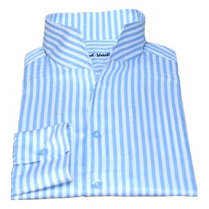 May include: A light blue dress shirt with white vertical stripes. The shirt has a mandarin collar and a button-up front. The brand name "Jad" is visible on the collar.