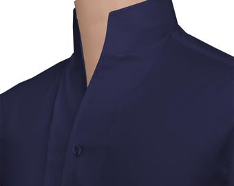 High Open V Collar Tall Neck Shirt Navy Blue Cotton Dress Men
