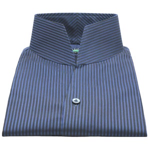 High Open Collar Buttonless V Collar Formal Casual Dress Shirt Men's Blue & Black Standing Stripes Designer Shirt 100% Cotton Custom made