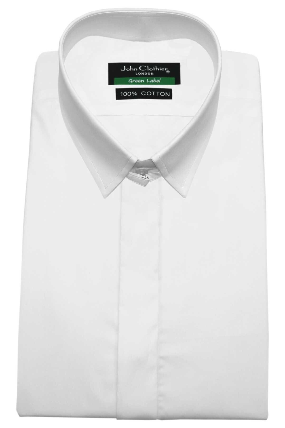 White Collar Shirt Skyfall's Tab Collar Hidden Conceal Buttons Placket Dress Shirt Men's 100% Cotton Full Sleeves Wedding Shirt