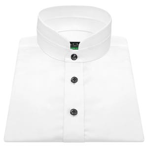 May include: A crisp white dress shirt featuring a high band collar and a front placket with three dark buttons. The shirt is neatly folded, showcasing the structured collar design and the clean, solid white fabric texture throughout the garment.