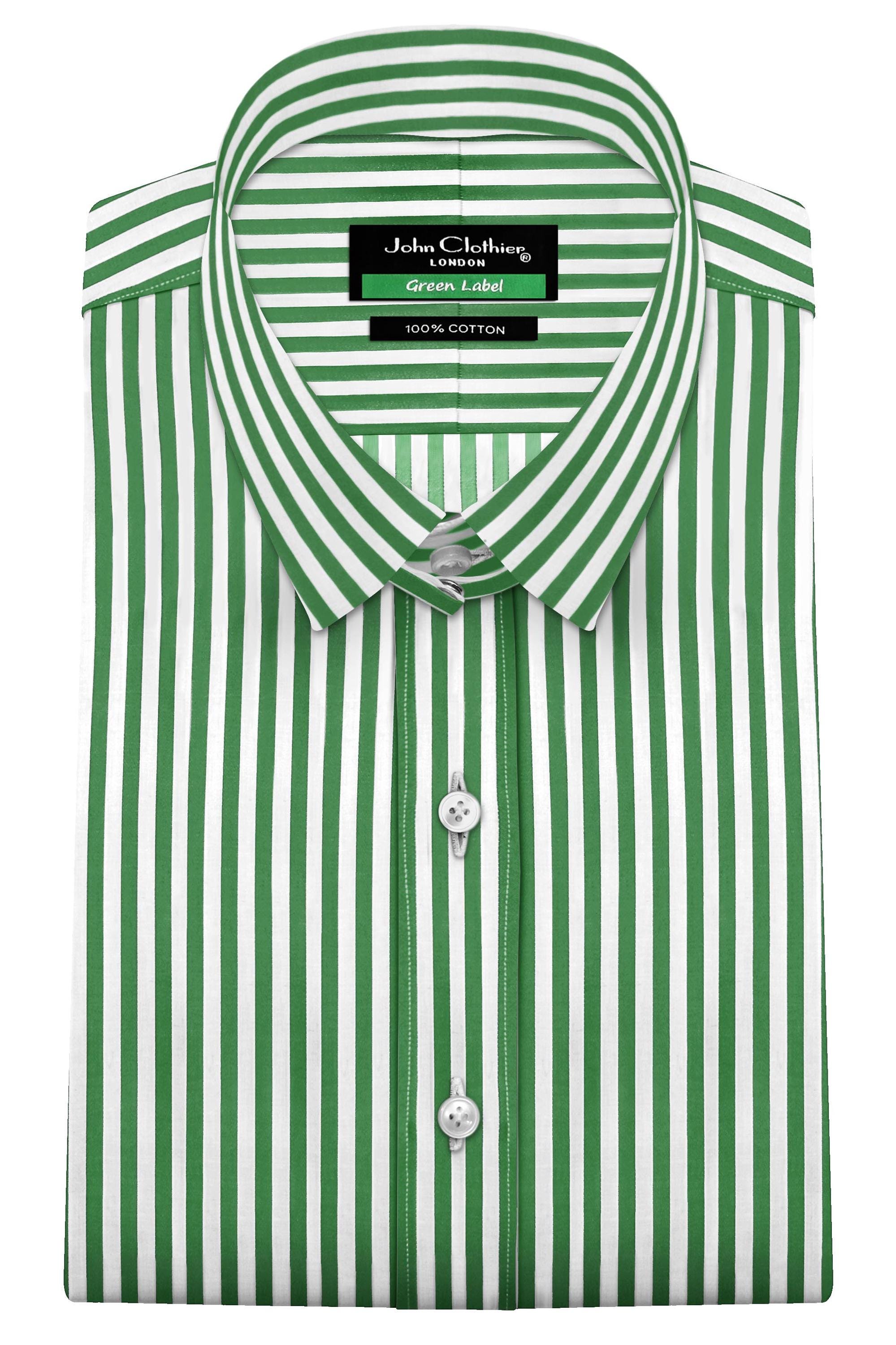 Men's Green & White Striped Cotton Dress Shirt - Tab Loop Collar