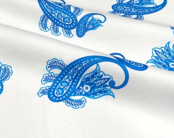 Vintage Style White Cotton Fabric by Yard with Blue Paisley Print Dress, Shirt, Craft Material Summer Clothing