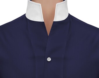 High Open V Collar Tall Neck Shirt Navy Blue Cotton Dress Men