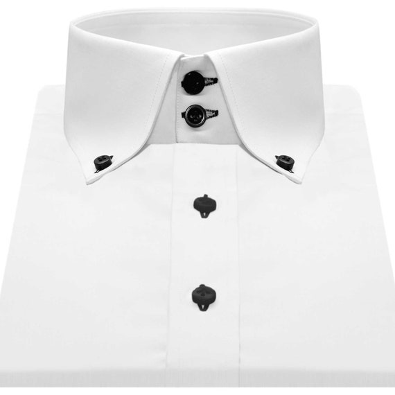 White Giza Cotton Dress Shirt with Black Buttons, Oxford Polo Collar