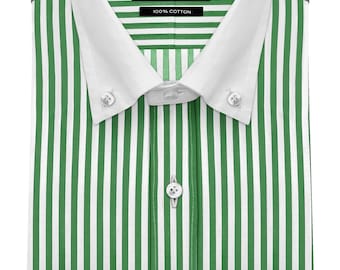 Camisa formal de negocios para hombre, con cuello abotonado, rayas verdes y blancas, hecha a medida, 100 % algodón, manga larga, camisa de vestir estilo banquero