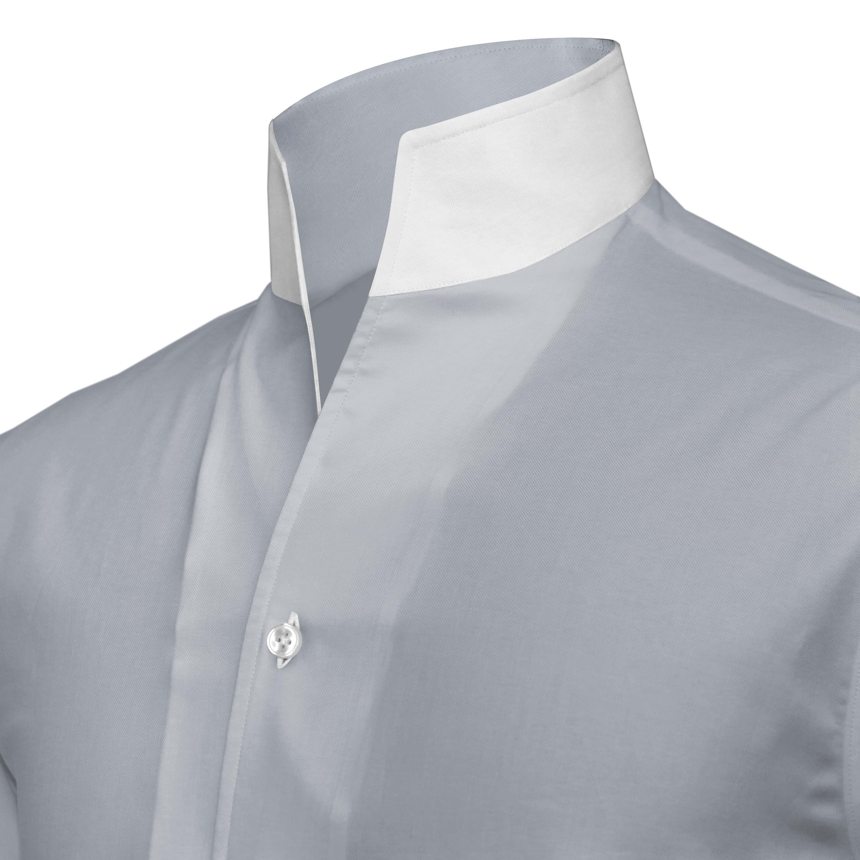 Men's Grey 100% Cotton High Open Collar Shirt Buttonless V Stiff
