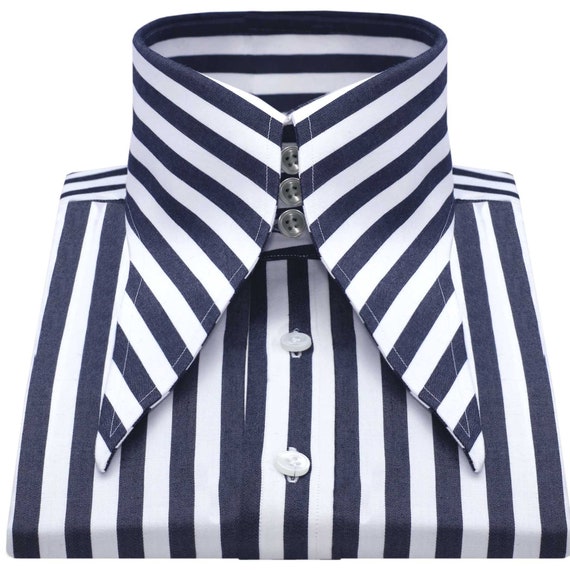 Vintage Extreme Long Spear Point Colletto Camicia Collo a punta esagerata Navy Blue White Prison Stripes Camicia per occasioni formali da uomo Etsy Italia