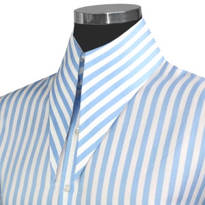 Long Exaggerated Point High Collar Dress Shirt Men's Sky Blue & White Standing Stripes Long Sleeves 7.5'' Extreme Long Pointed Collar Shirt