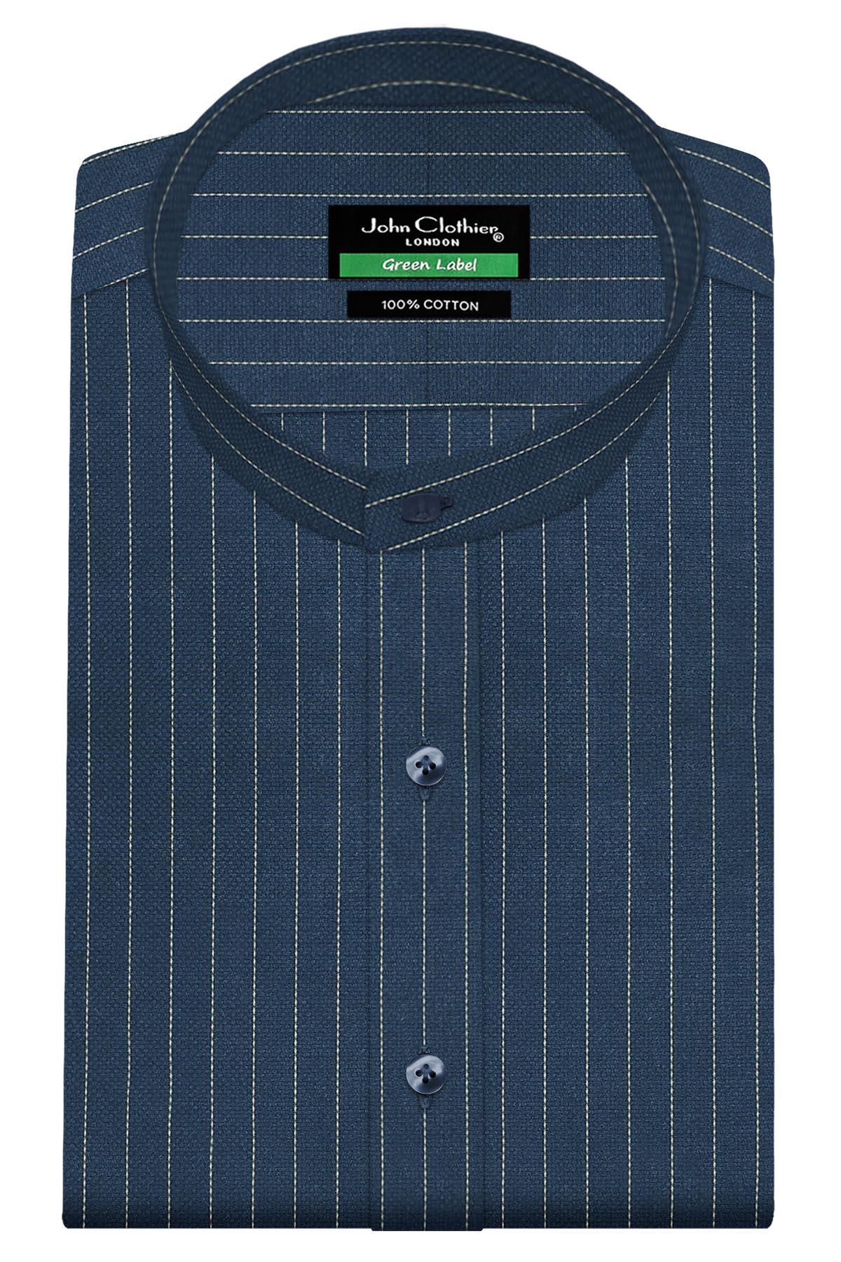 Mem's Navy Blue Chalk Stripe Band Collar Shirt 100% Cotton Summer