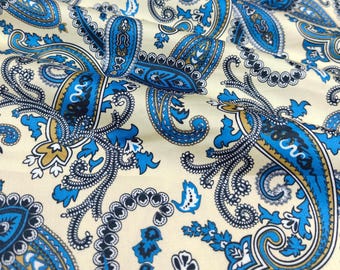 Vintage Boho Paisley Print Cotton Fabric By The Yard Blue Cream DIY Quilting & Sewing Material