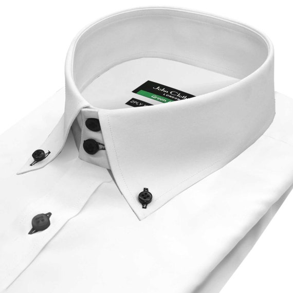 Solid White Dress Shirt Men s Contrast Black Buttons Oxford Collar 100 Giza Cotton Pointed Kent Collar Button Down Collar Polo Shirt Etsy