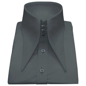 May include: A dark grey dress shirt with a wide, pointed collar and multiple buttons down the front.