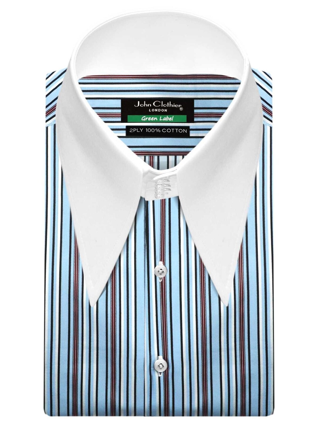 High Long Pointed Dagger Collar Shirt Men Sky Blue, Brown & White Multi